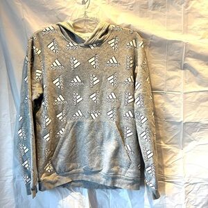 Adidas Gray White Logo all over fleece hoodie SZ L Worn. See all pictures